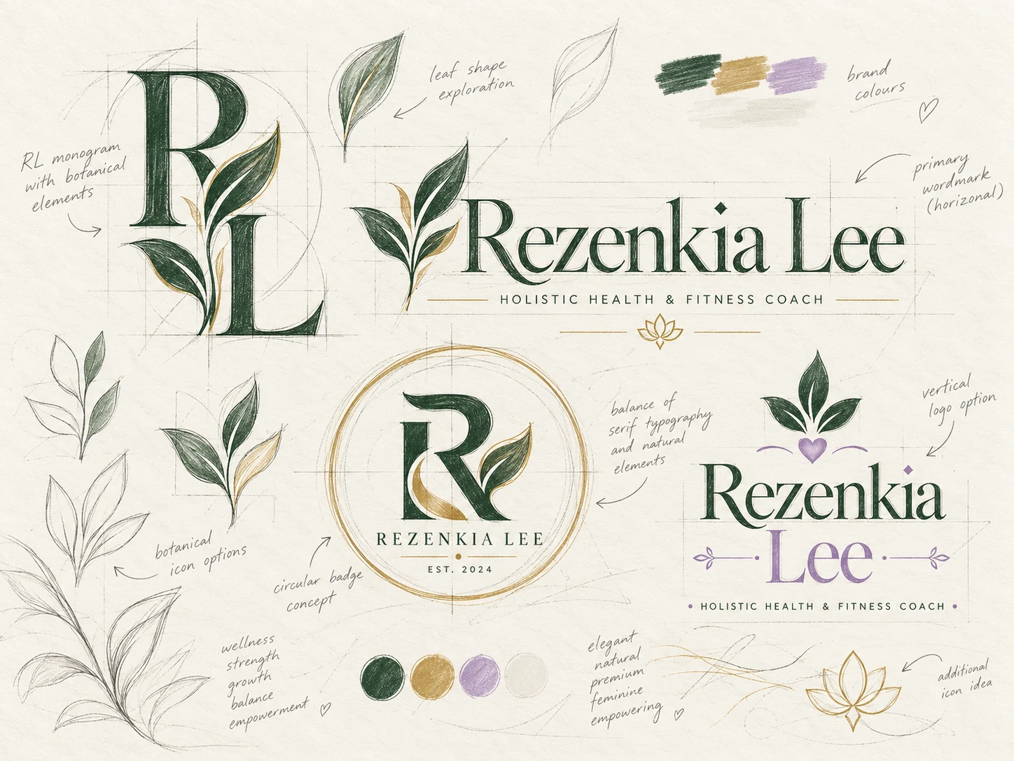 Botanical wellness brand sketchbook exploring Rezenkia Lee serif wordmarks, RL monograms, leaves, badge ideas, and green, gold, and lavender colors