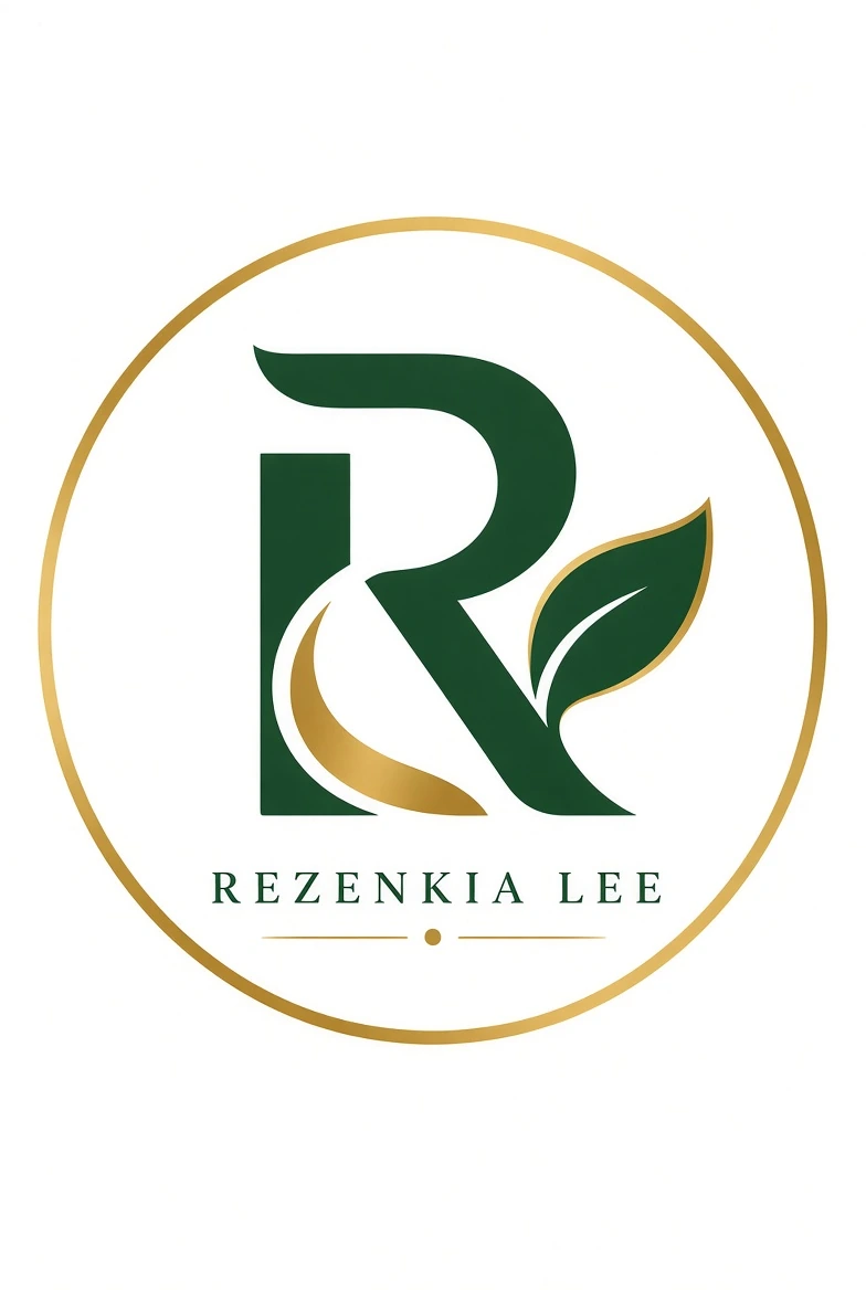 Rezenkia Lee botanical R badge enclosed by a champagne gold circle