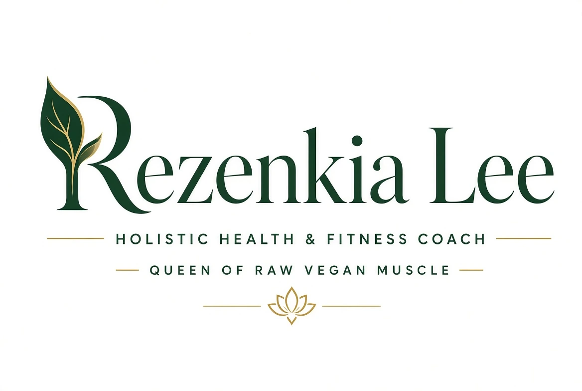 Rezenkia Lee extended signature with a leaf integrated into the R, holistic health and fitness descriptor, and a gold lotus