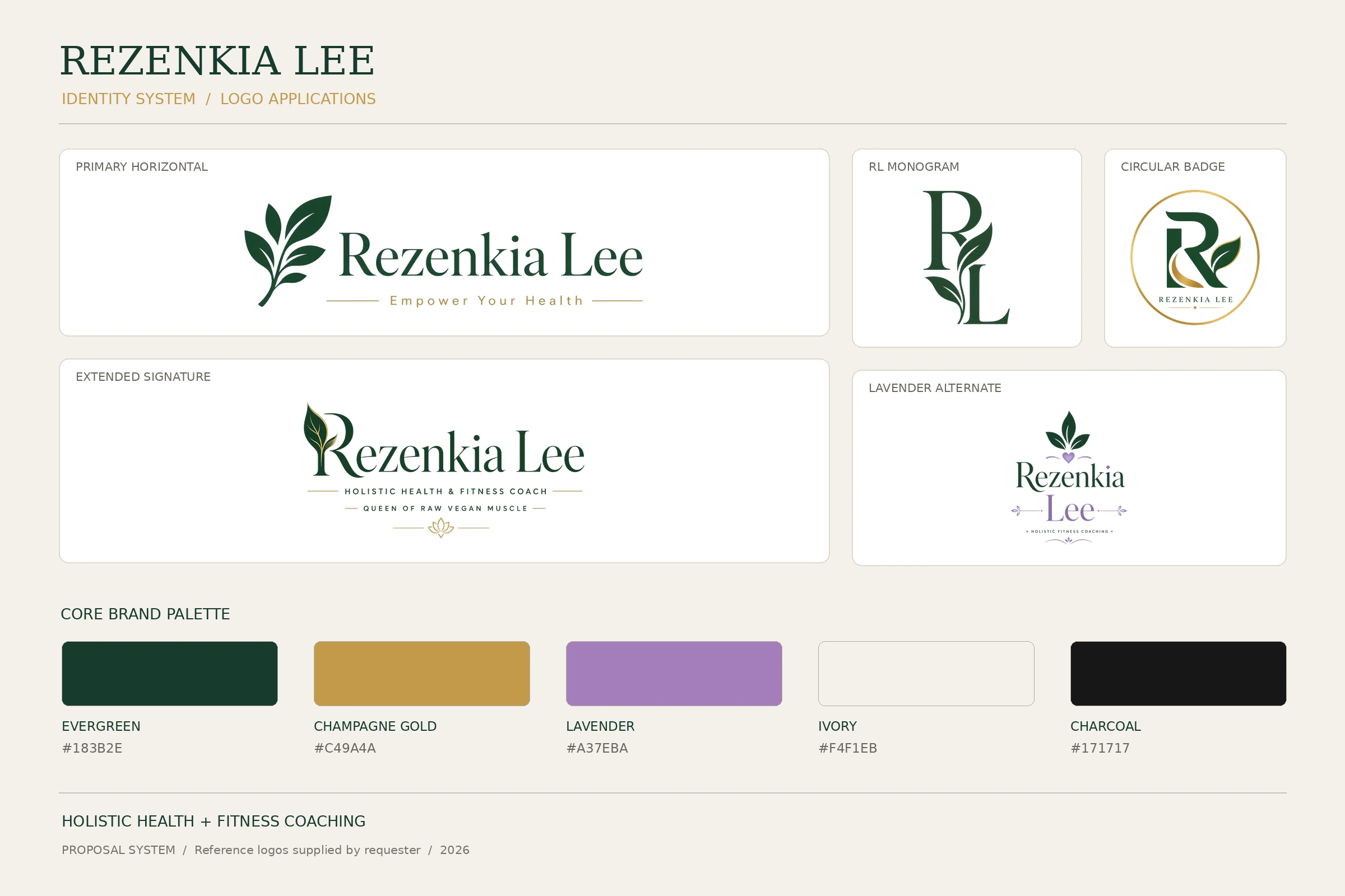 Rezenkia Lee brand kit overview showing five logo applications and an evergreen, champagne gold, lavender, ivory, and charcoal palette