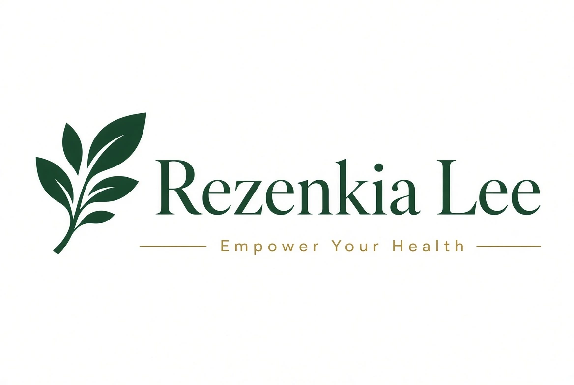 Rezenkia Lee horizontal wordmark with an evergreen botanical branch and the gold words Empower Your Health