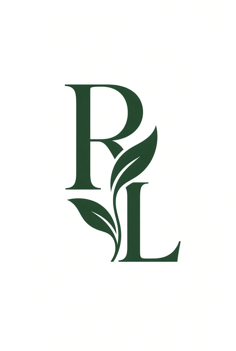 Evergreen RL serif monogram joined by botanical leaves